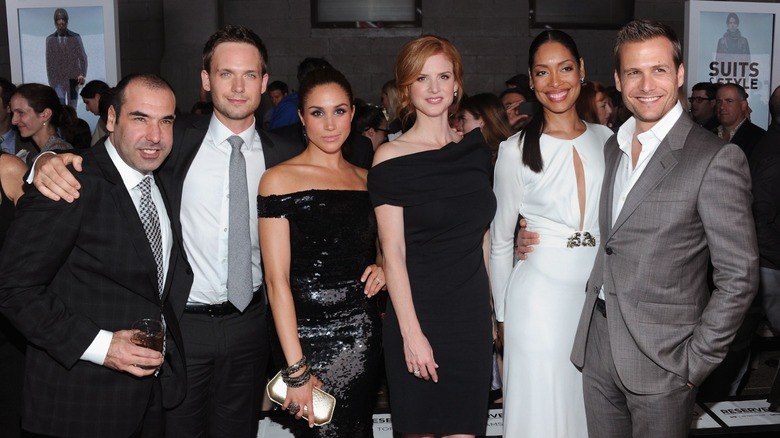 Rick Hoffman, Patrick J. Adams, Meghan Markle, Sarah Rafferty, Gina Torres and Gabriel Macht of "Suits" attend USA Network and Mr Porter.com Present "A Suits Story" on June 2012 in New York.