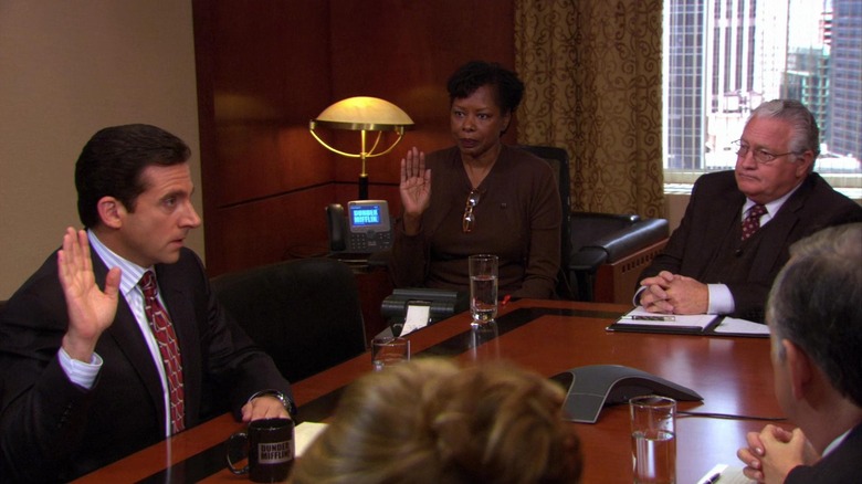 Steve Carell as Michael Scott, being sworn in on The Office.