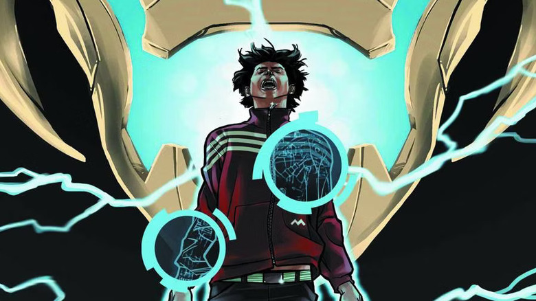 Victor Mancha rises in front of the face of Ultron.