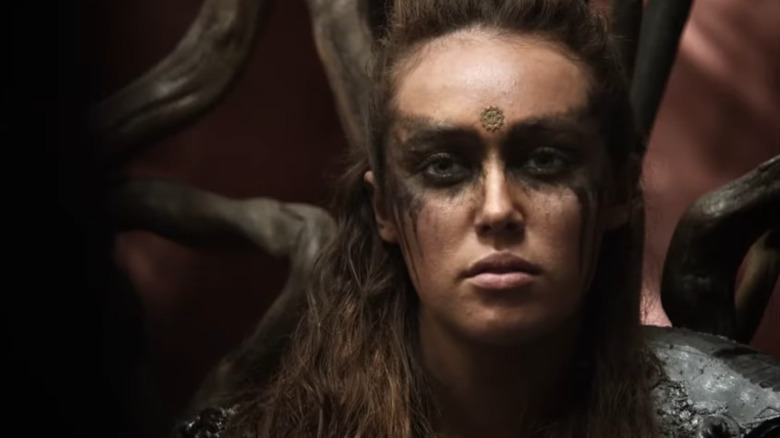 Alycia Debnam-Carey as Commander Lexa looks intense in The 100