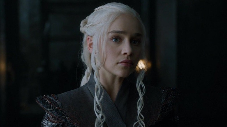 Emilia Clarke as Daenerys looking suspicious in Game of Thrones