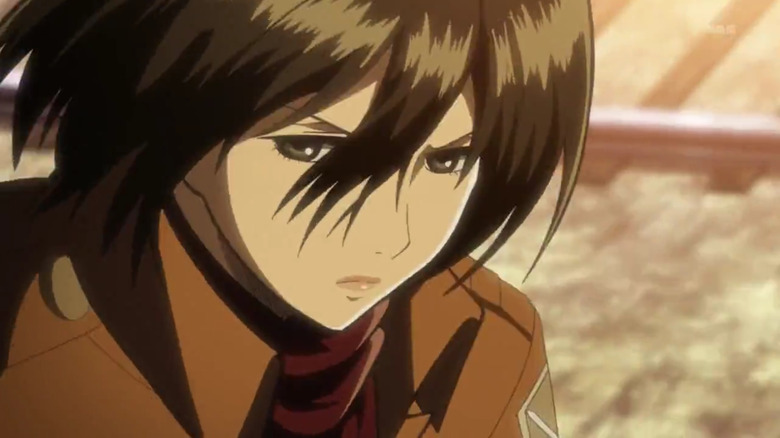 Mikasa looking down in Attack on Titan