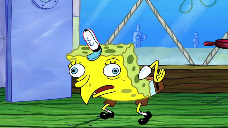 SpongeBob puts on a mocking face in the Krusty Krab in "SpongeBob SquarePants" (1999)