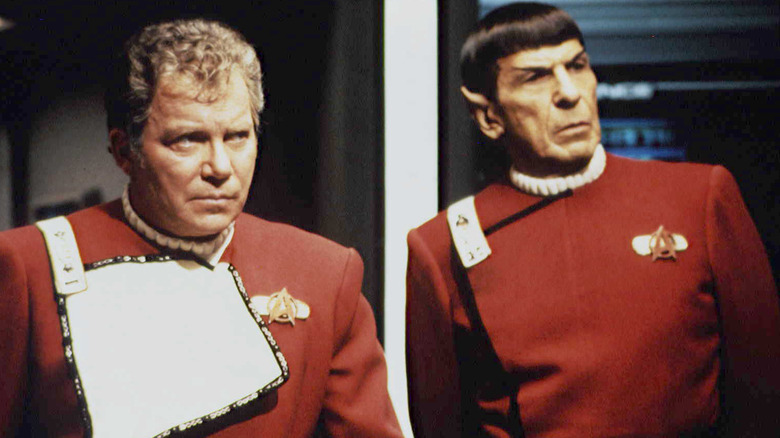 Captain Kirk and Spock wearing their Enterprise uniforms in "Star Trek VI: The Undiscovered Country" (1991)