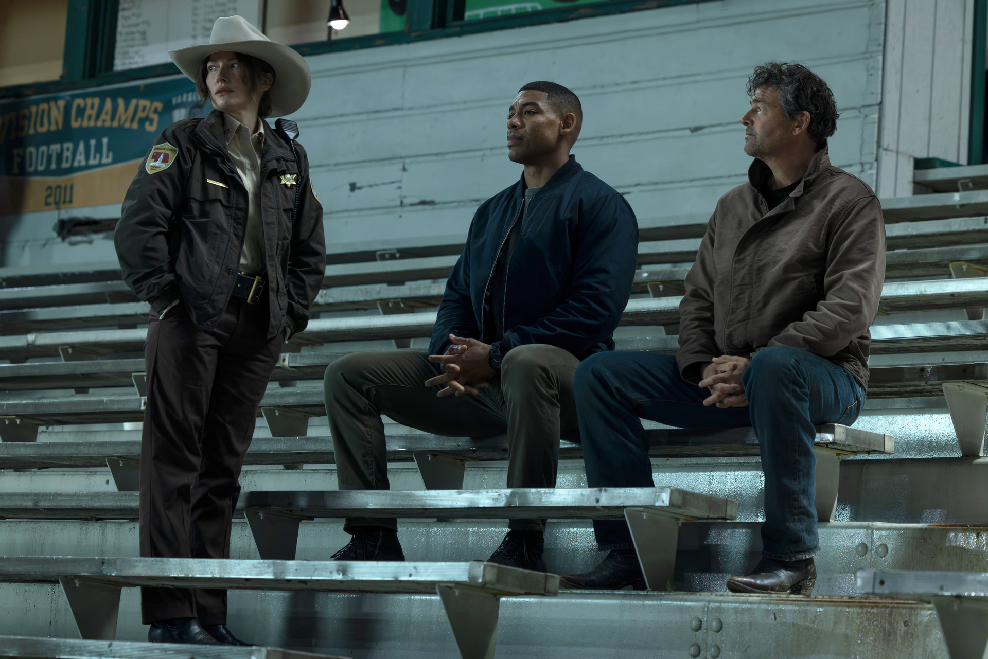 L-R: Kelly McDonald, Aaron Pierre and Kyle Chandler in 'Lanterns'