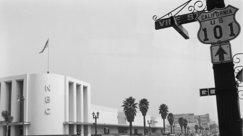 The exterior of NBC studios in Hollywood, California in the late 1940s