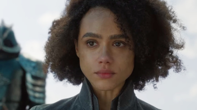 Nathalie Emmanuel as Missandei looks sad on Game of Thrones