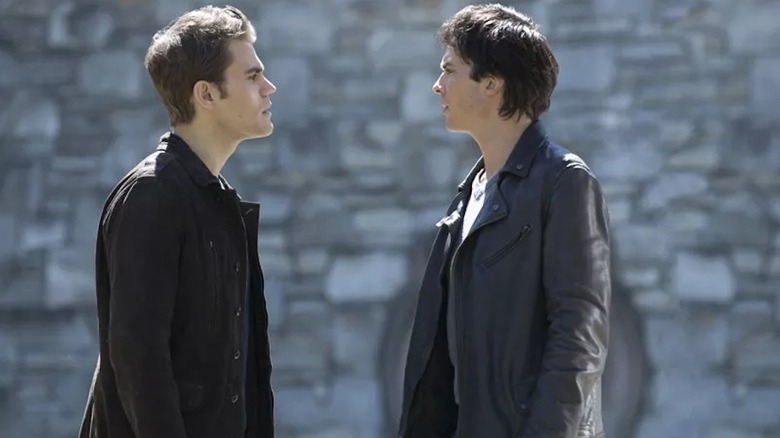 Paul Wesley as Stefan Salvatore and Ian Somerhalder as Damon Salvatore face off on Season 7 of The Vampire Diaries.