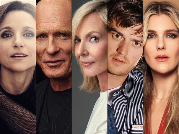 Five tightly cropped portraits show adults facing forward against neutral backgrounds in a vertical collage.