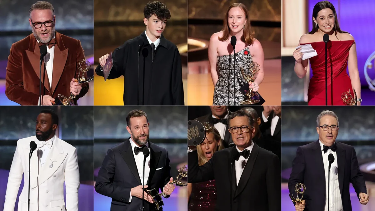 Eight formally dressed people speak at microphones in a collage, several holding gold winged statuettes.