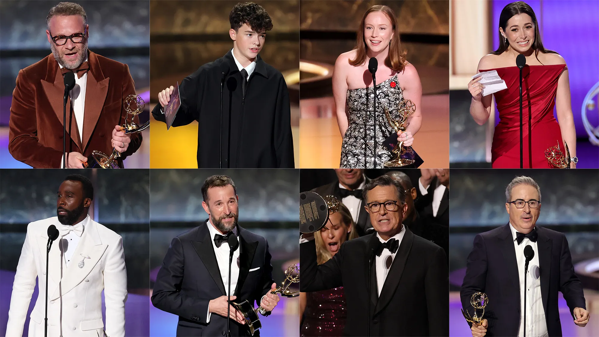 Eight formally dressed people speak at microphones in a collage, several holding gold winged statuettes.