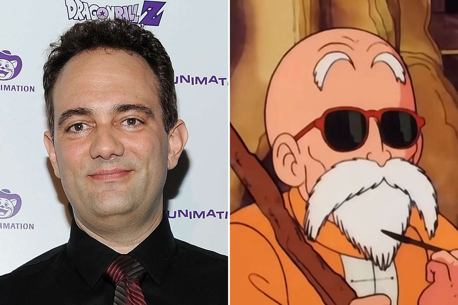 A man in a black shirt and tie beside a bald cartoon man with sunglasses, white beard, and pipe.