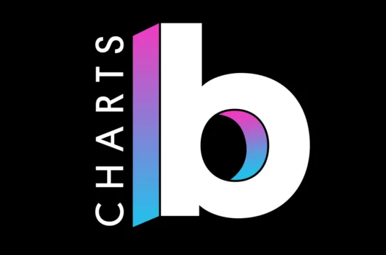 A black background with a large white lowercase b and vertical “CHARTS” text beside a pink-blue bar.