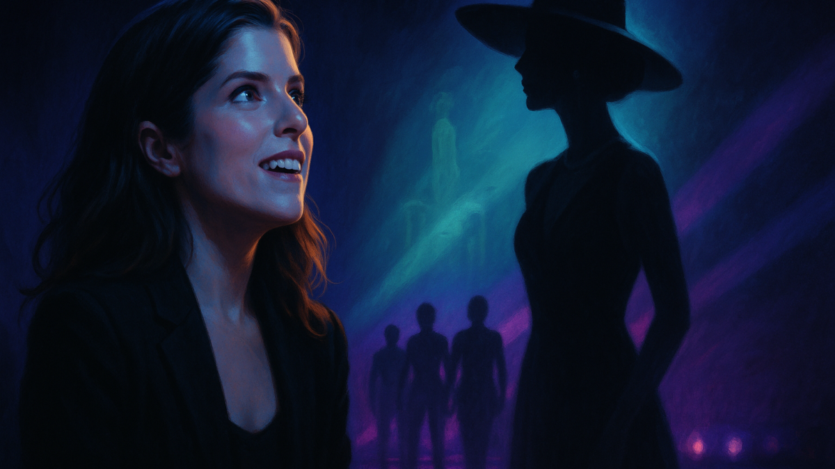 A smiling woman looks upward beside a silhouetted hat-wearing figure against blue and purple lights.