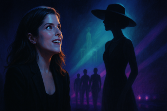A smiling woman looks upward beside a silhouetted hat-wearing figure against blue and purple lights.