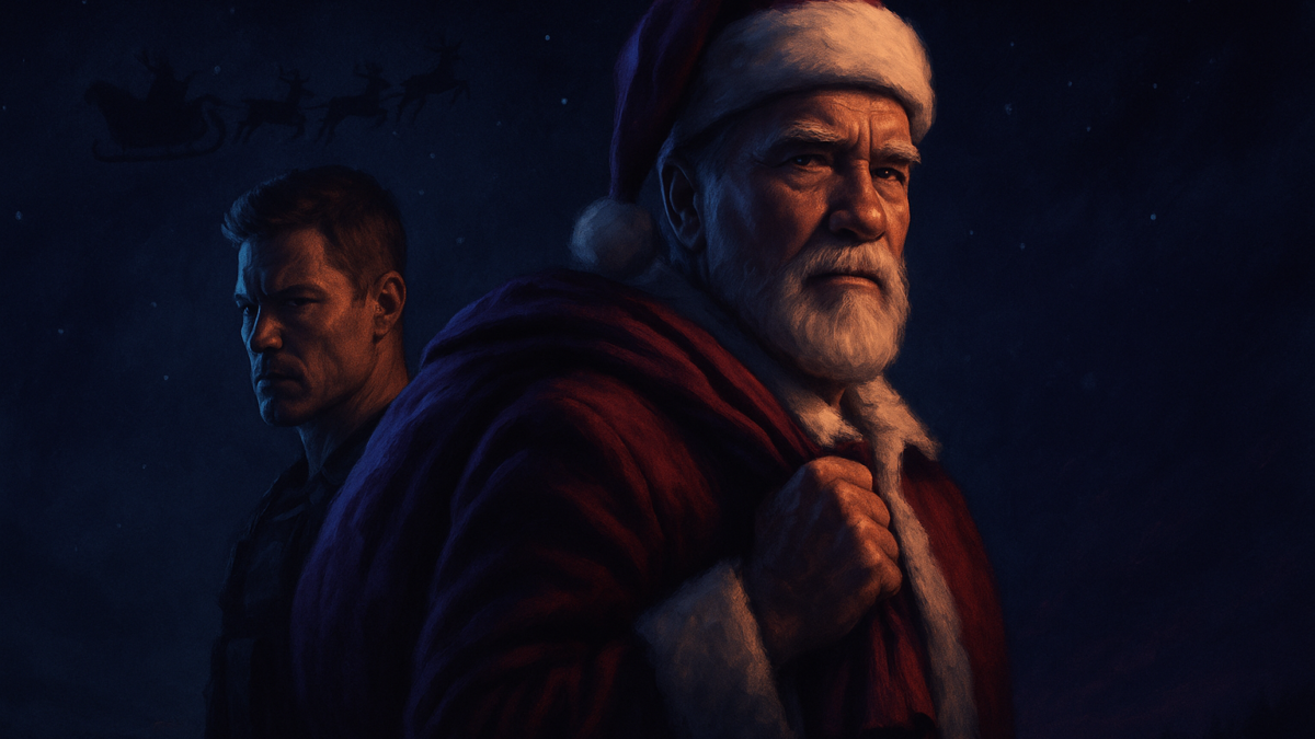 A bearded man in a red Santa outfit faces forward beside a stern man under a dark snowy sky.