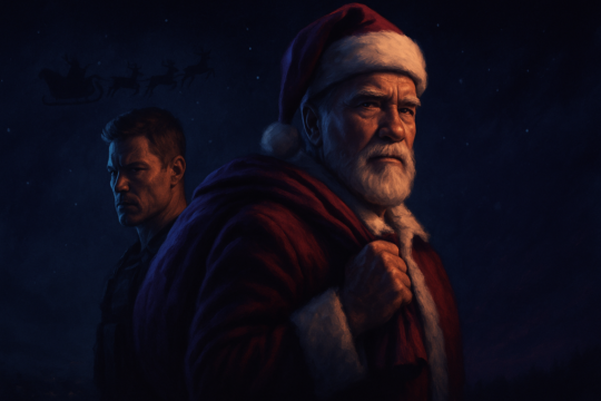 A bearded man in a red Santa outfit faces forward beside a stern man under a dark snowy sky.