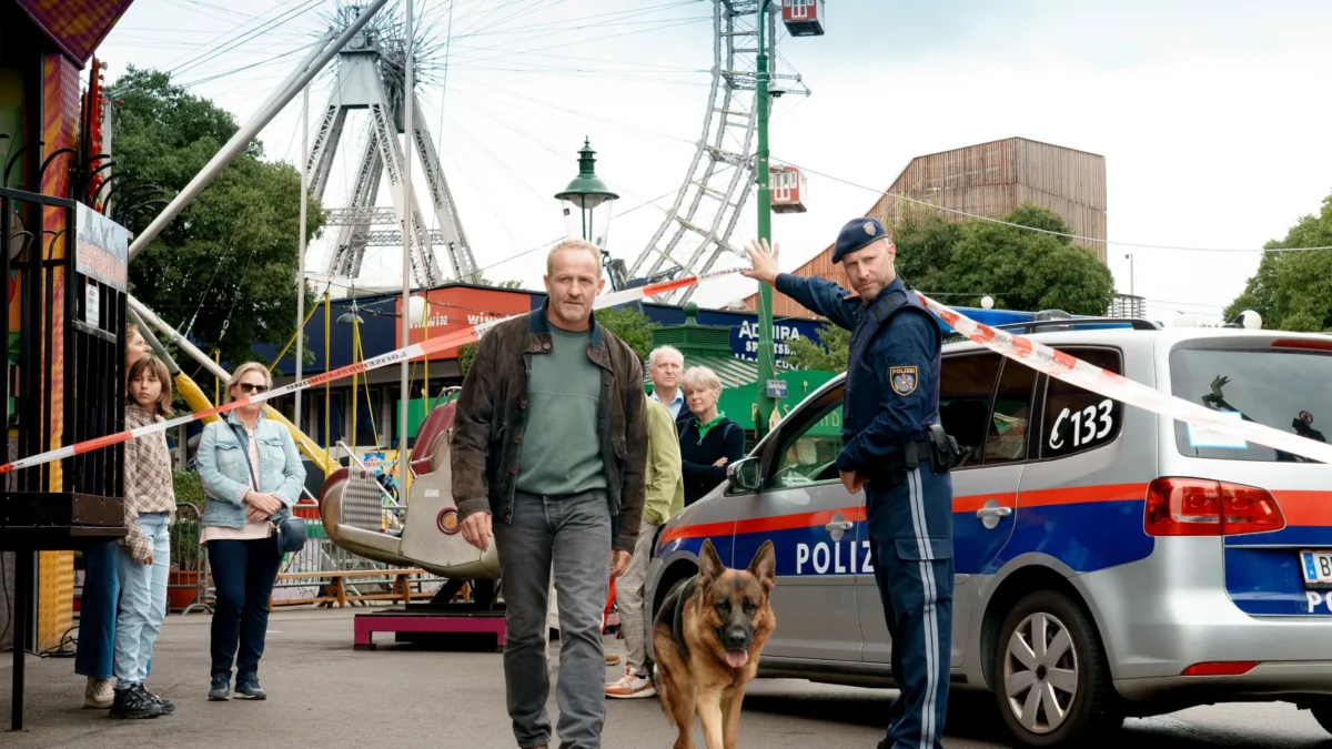 A man walks a dog past a police car and barrier tape near a Ferris wheel.