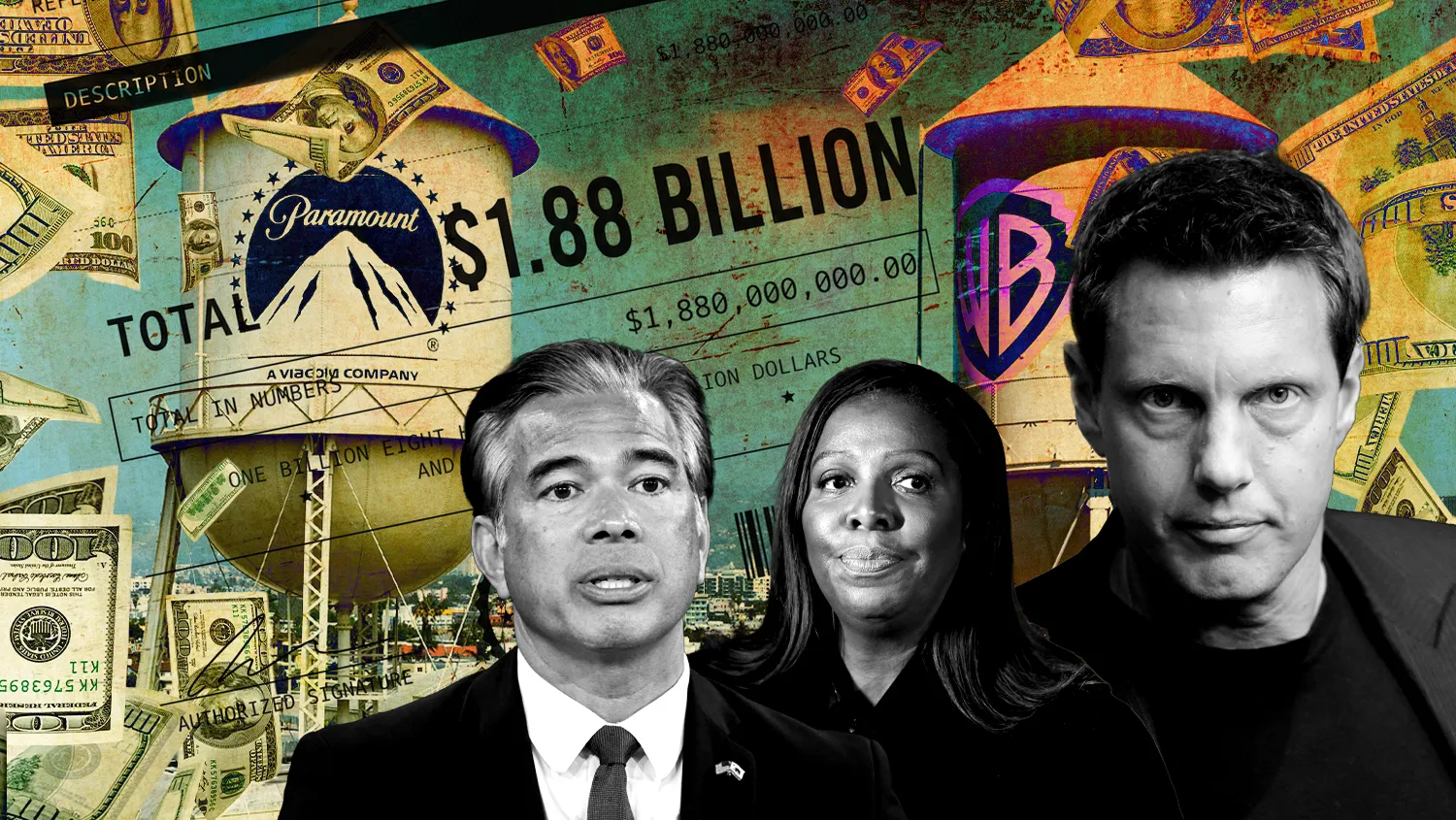 Three people appear before Paramount and Warner Bros. water towers, dollar bills, and a large $1.88 billion check.