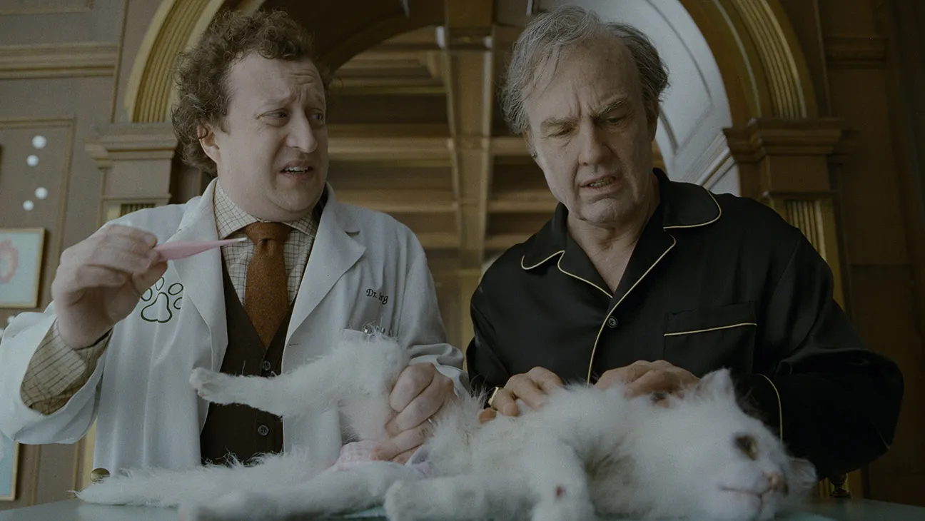 Two men examine a fluffy white cat on a table, one holding a pink toothbrush.