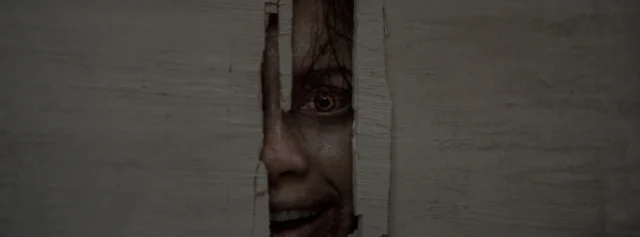 A wide-eyed face peers through a narrow crack in a wooden door.