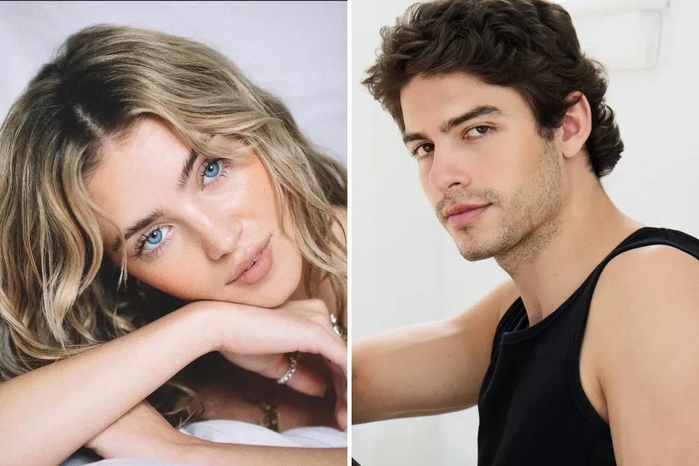 Side-by-side portraits of a blonde woman with her chin on her hand and a dark-haired man in a tank top.