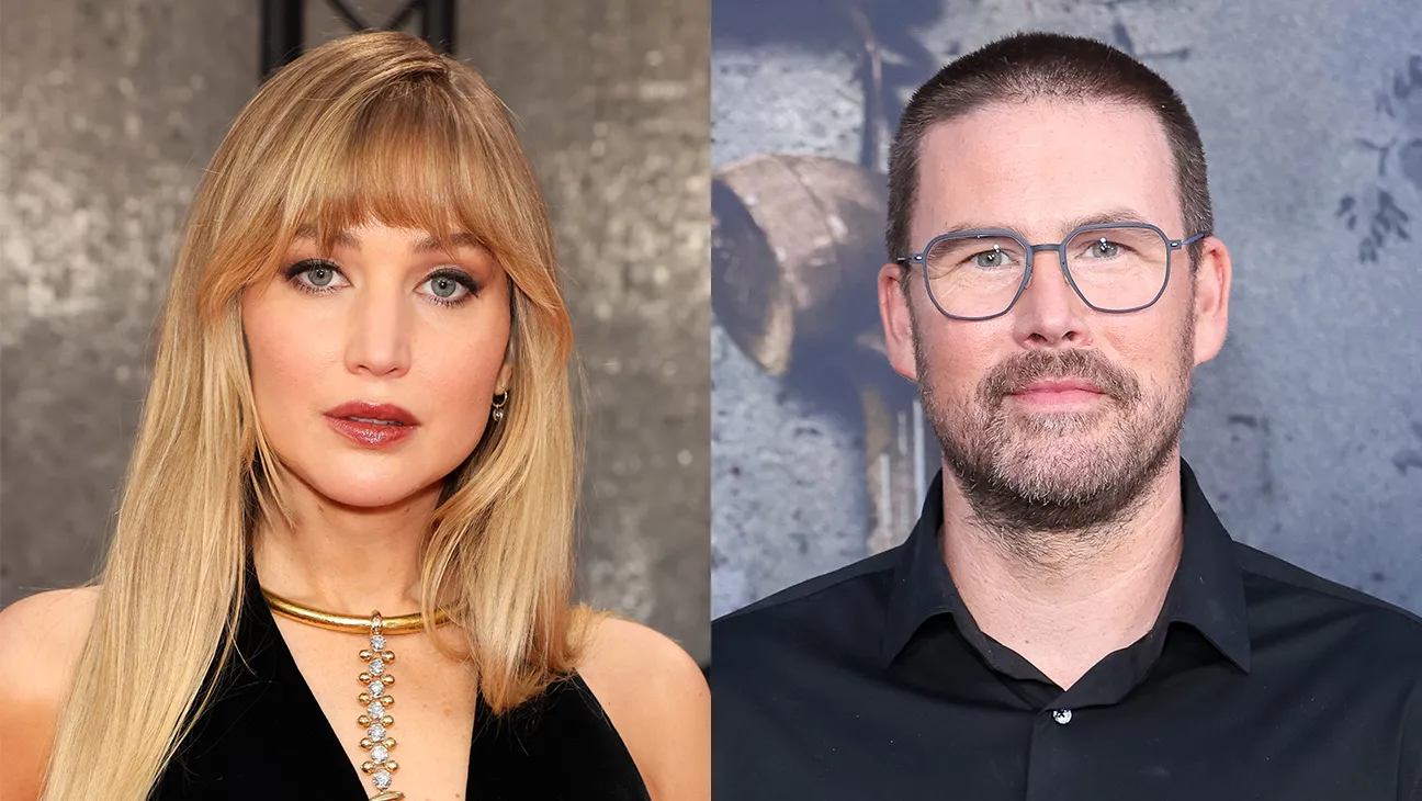 Split portrait of a blonde woman with bangs beside a bearded man wearing glasses.