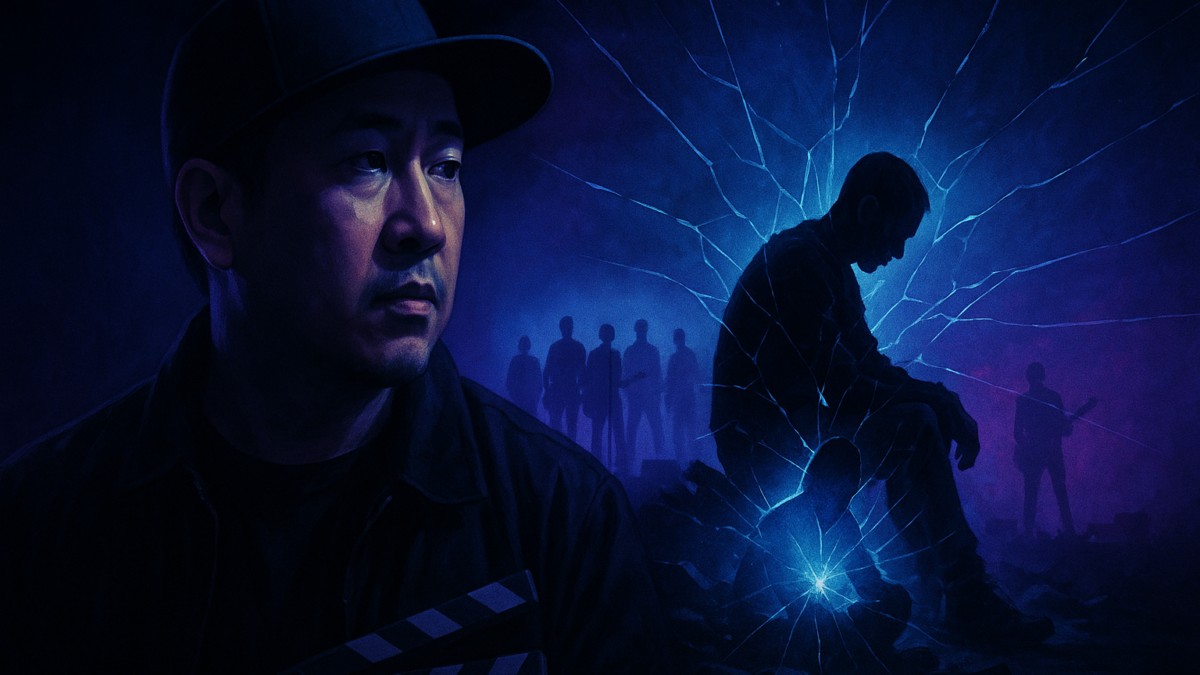 A man in a cap stands beside blue cracked glass with silhouetted figures and a seated figure behind him.