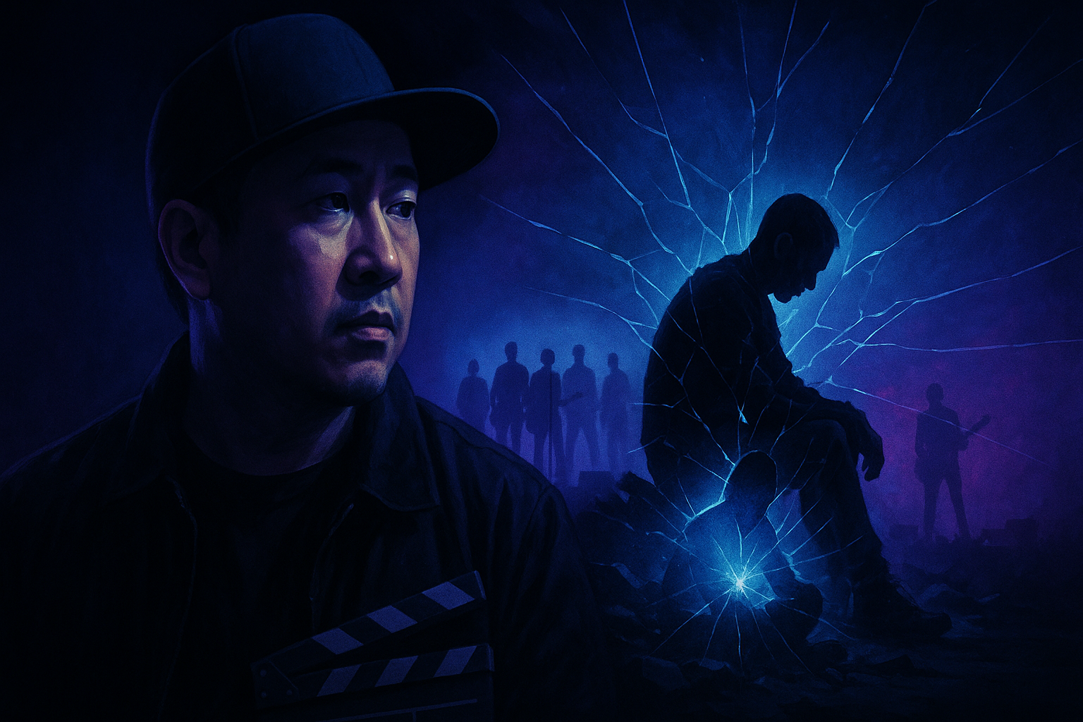 A man in a cap stands beside blue cracked glass with silhouetted figures and a seated figure behind him.