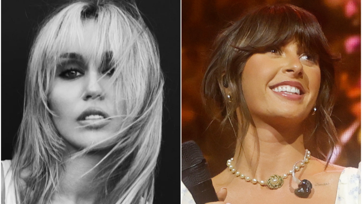 Split portrait shows a blonde woman in black and white and a smiling brunette holding a microphone.