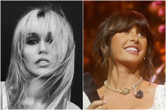 Split portrait shows a blonde woman in black and white and a smiling brunette holding a microphone.
