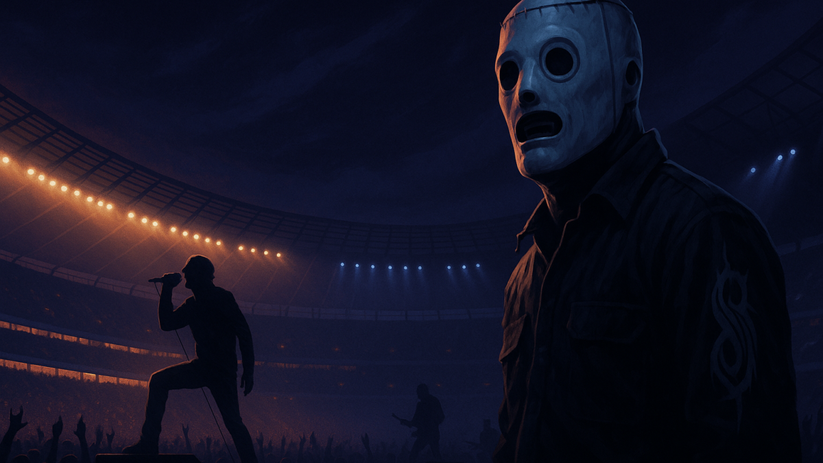 Masked performer stands in foreground as silhouetted singer performs before a crowd in a lit stadium.