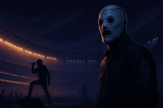Masked performer stands in foreground as silhouetted singer performs before a crowd in a lit stadium.