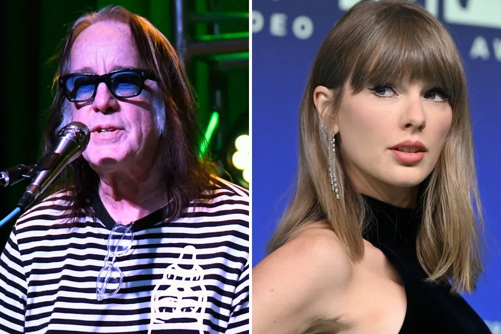 Split-screen shows a man in sunglasses at a microphone and a woman posing against a blue backdrop.