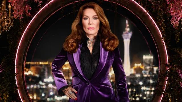 A woman in a purple velvet blazer poses before a neon arch and blurred city lights.