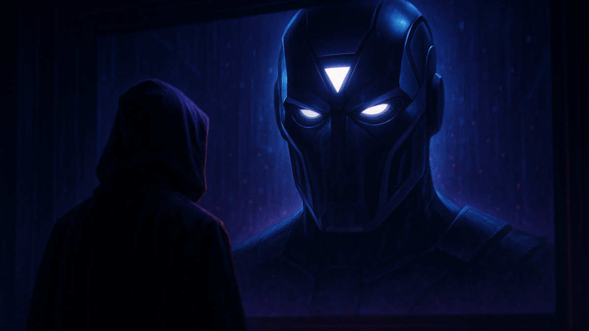A hooded silhouette faces a large screen showing a masked figure with glowing eyes in blue light.