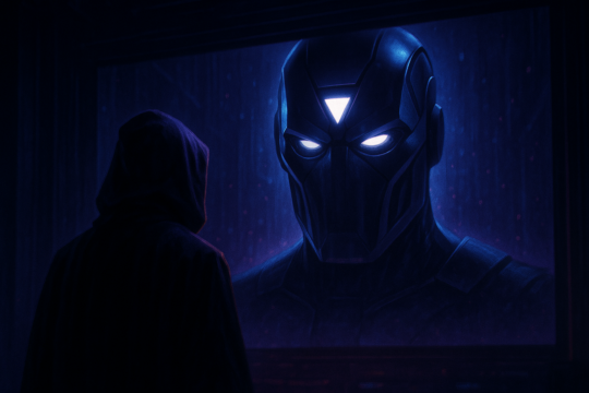 A hooded silhouette faces a large screen showing a masked figure with glowing eyes in blue light.