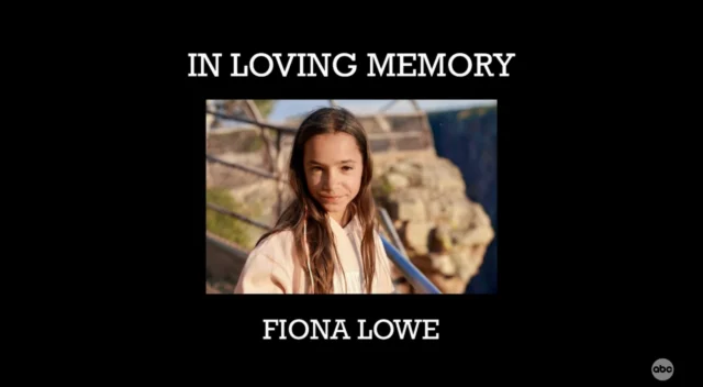 Memorial card reading “In Loving Memory” and “Fiona Lowe” with a portrait of a young girl outdoors.