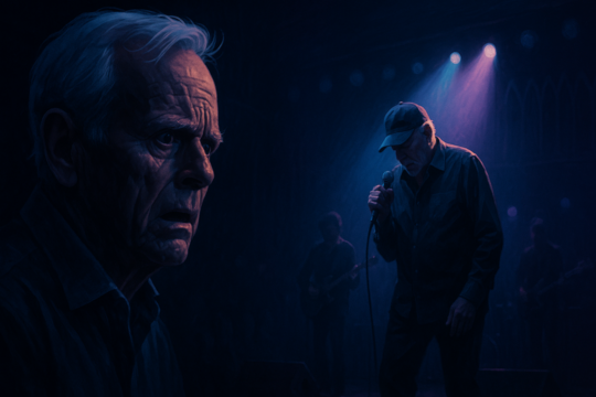 An older man’s shadowed close-up appears beside a person holding a microphone under blue and purple stage lights.