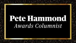 Black title card with a gold border reading “Pete Hammond Awards Columnist” against a dotted dark background.