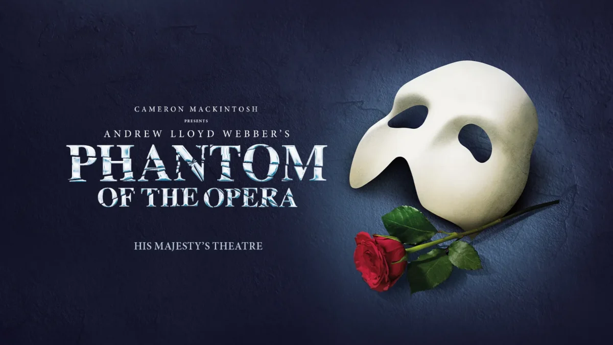The Phantom of the Opera title appears beside a white mask and red rose on a dark blue background.
