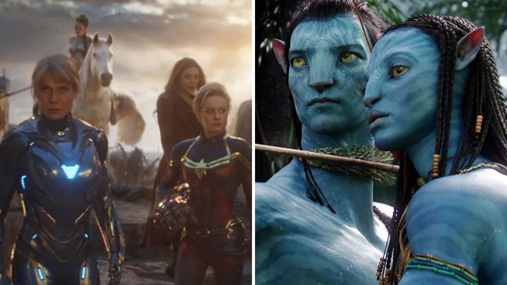 Split-screen showing armored characters in a smoky landscape and two blue, catlike humanoids close together in a forest.