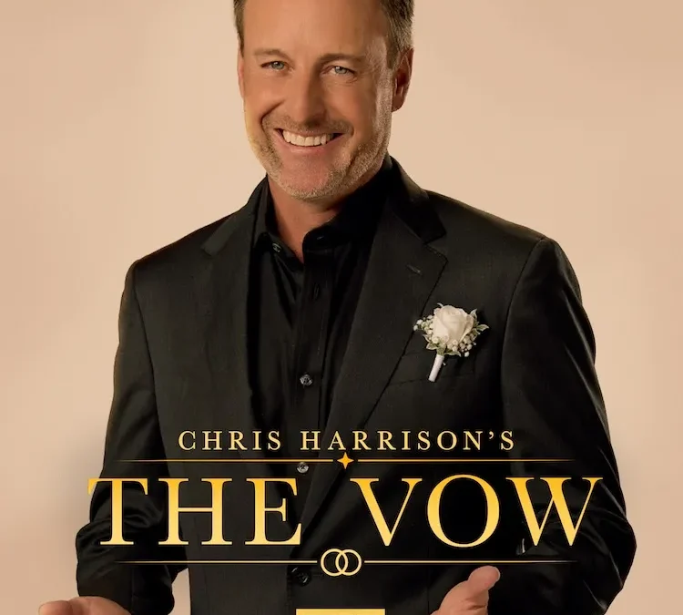 Smiling man in a black suit with boutonniere poses on a poster reading “Chris Harrison’s The Vow” and “Fox Nation.”