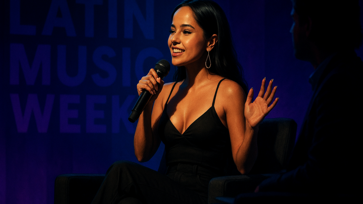 A woman holding a microphone smiles onstage beside a silhouetted person, with “Latin Music Week” in the background.