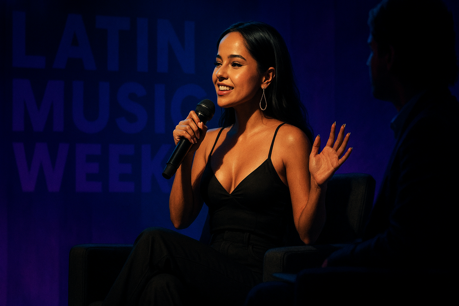 A woman holding a microphone smiles onstage beside a silhouetted person, with “Latin Music Week” in the background.