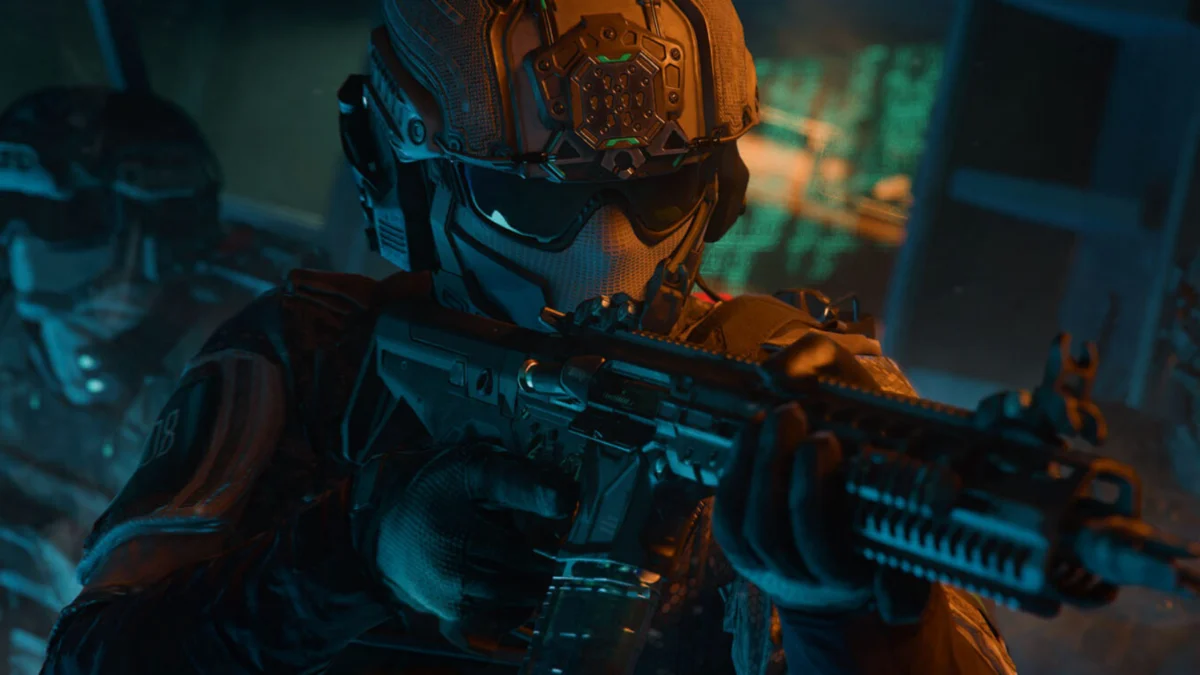 Armored figure in tactical helmet and visor aims a rifle amid blue and orange lighting.