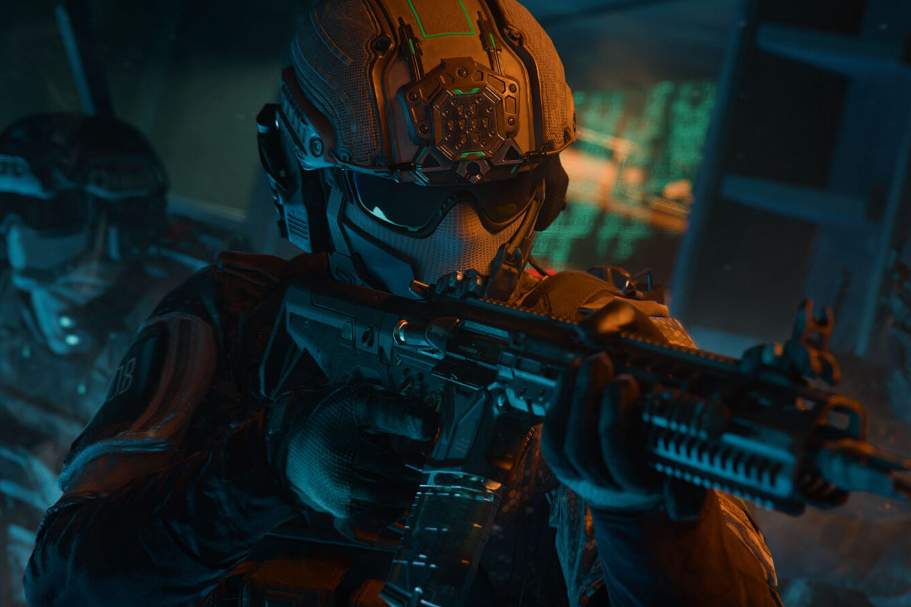 Armored figure in tactical helmet and visor aims a rifle amid blue and orange lighting.