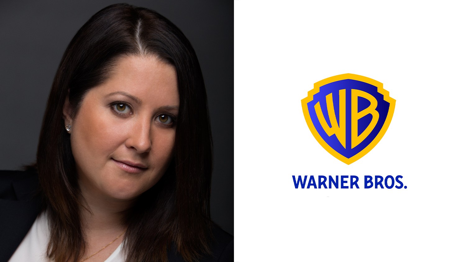 A dark-haired woman in a blazer appears beside the Warner Bros. shield logo on a white background.