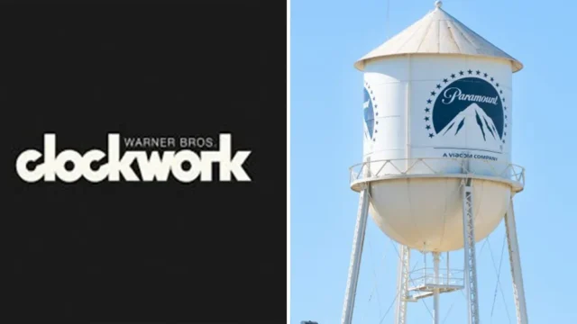 Split image showing a Warner Bros Clockwork logo beside a Paramount water tower against a blue sky.