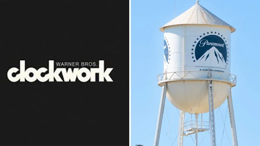 Split image showing a Warner Bros Clockwork logo beside a Paramount water tower against a blue sky.